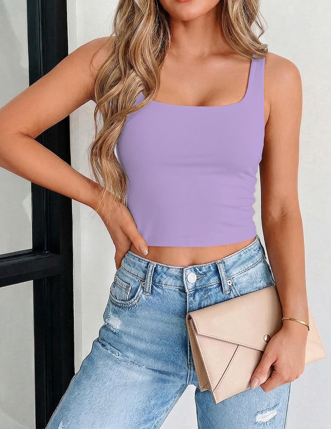 image:imageZeagoo Womens Square Neck Crop Tops Cute Double Layer Casual Slim TankViolet
