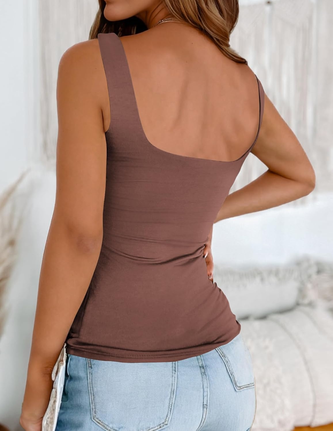 image:imageZeagoo Womens Square Neck Double Lined Tank Tops Cute Summer TopBrown