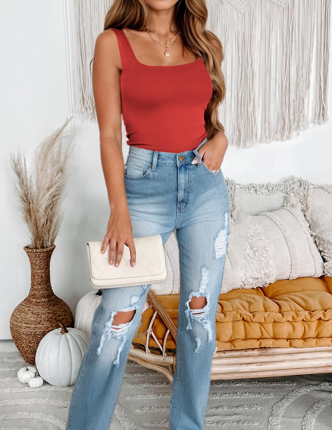 image:imageZeagoo Womens Square Neck Double Lined Tank Tops Cute Summer TopRed