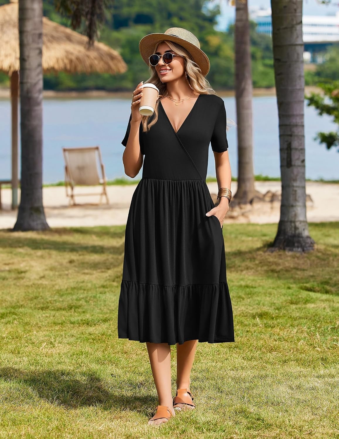 image:imageZeagoo Womens Summer Casual Dresses Short Sleeve Midi Warp VNeck Floral Dress with Pockets Tiered Flowy A Line SundressBlack