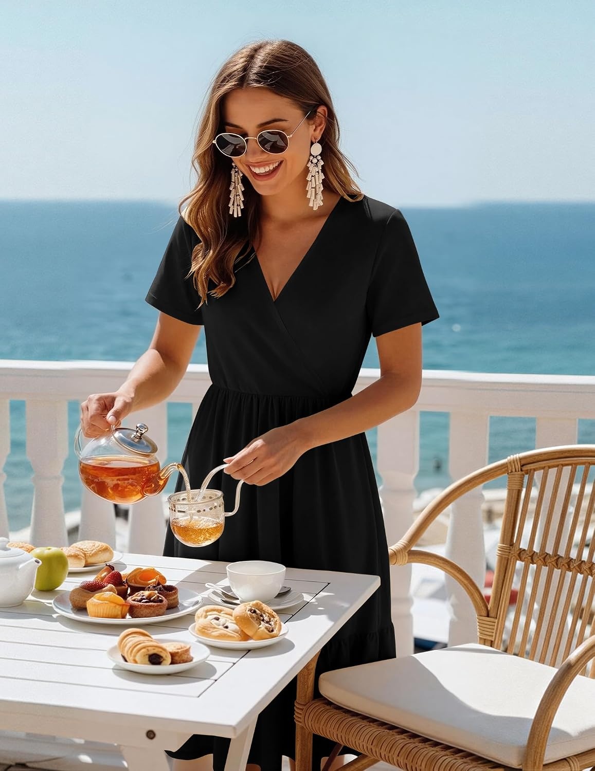 image:imageZeagoo Womens Summer Casual Dresses Short Sleeve Midi Warp VNeck Floral Dress with Pockets Tiered Flowy A Line SundressBlack