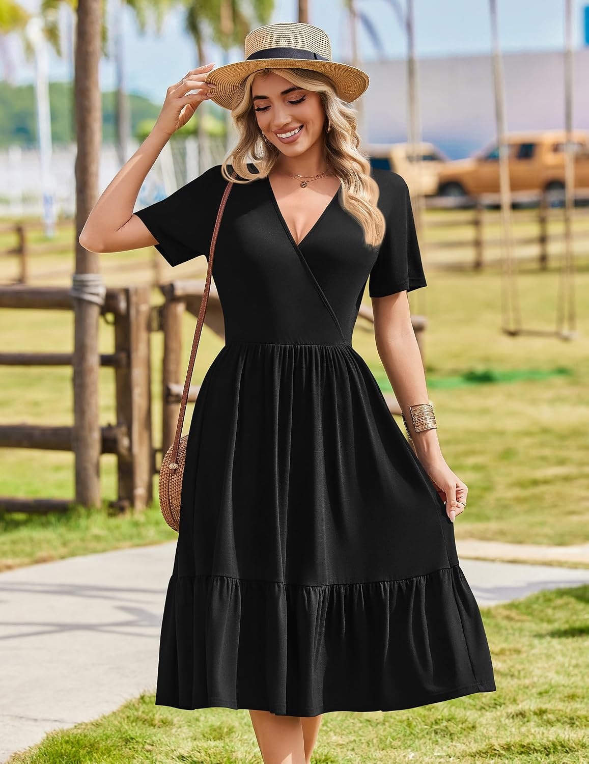 image:imageZeagoo Womens Summer Casual Dresses Short Sleeve Midi Warp VNeck Floral Dress with Pockets Tiered Flowy A Line SundressBlack