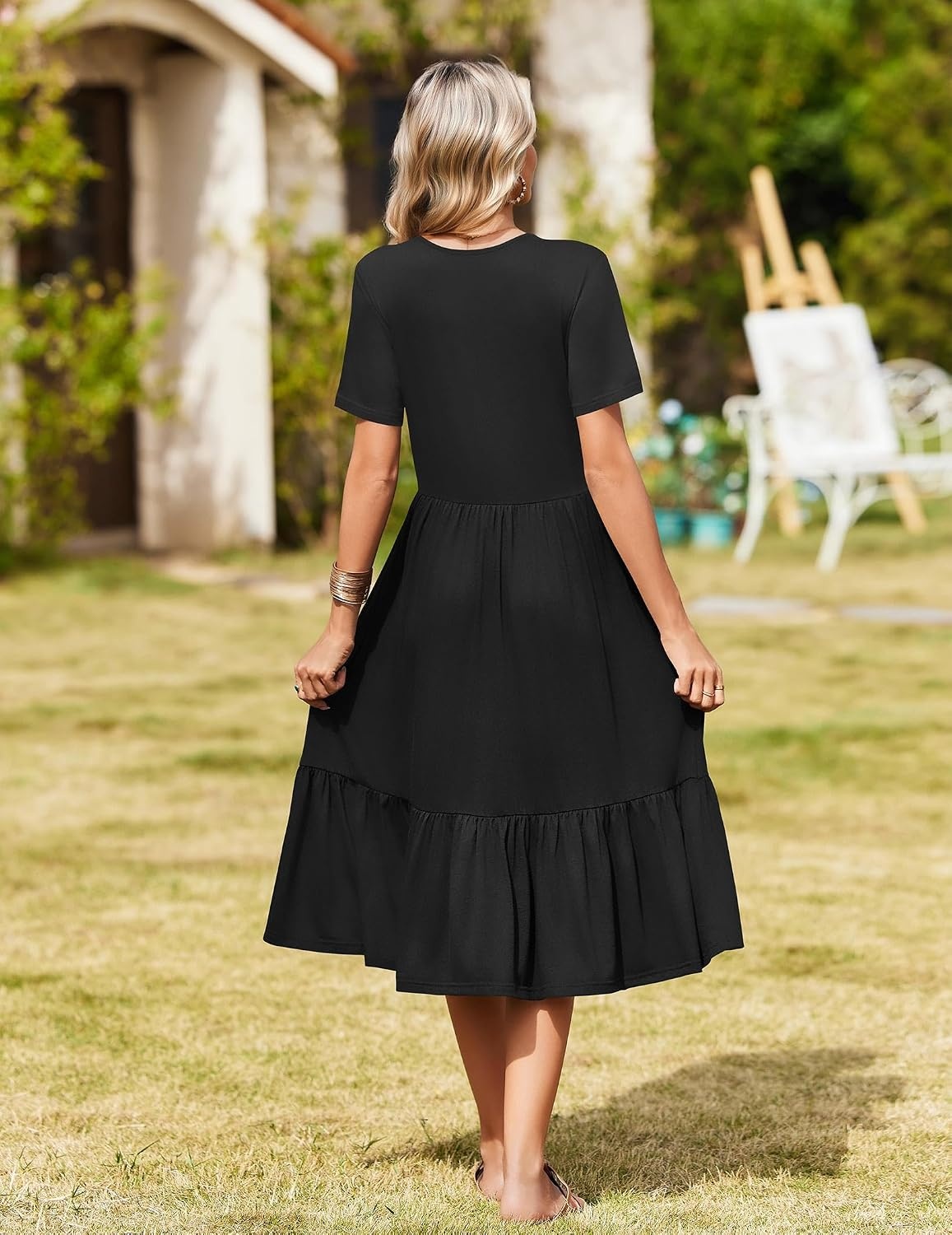 image:imageZeagoo Womens Summer Casual Dresses Short Sleeve Midi Warp VNeck Floral Dress with Pockets Tiered Flowy A Line SundressBlack