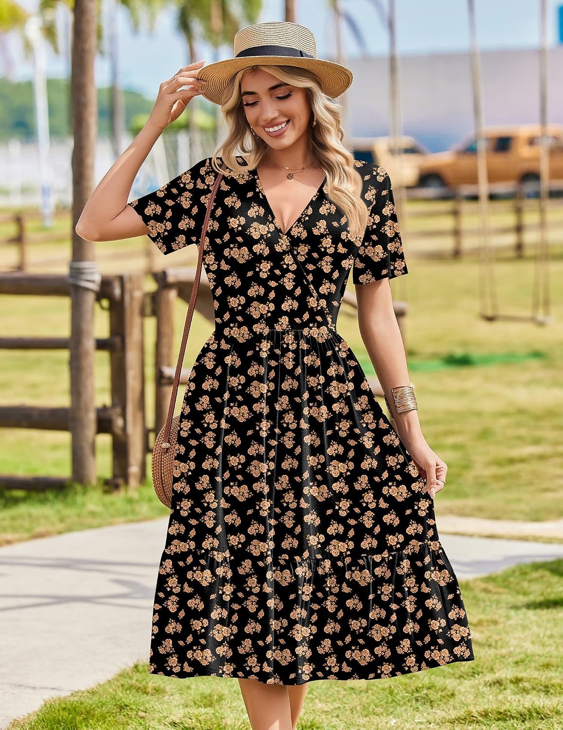 image:imageZeagoo Womens Summer Casual Dresses Short Sleeve Midi Warp VNeck Floral Dress with Pockets Tiered Flowy A Line SundressBlack Orange Floral