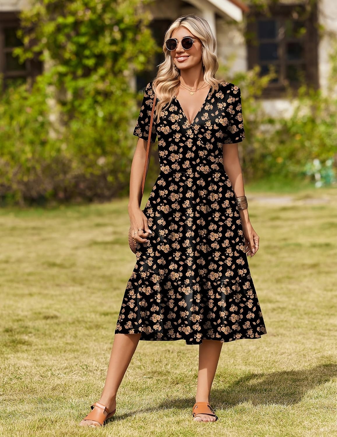 image:imageZeagoo Womens Summer Casual Dresses Short Sleeve Midi Warp VNeck Floral Dress with Pockets Tiered Flowy A Line SundressBlack Orange Floral