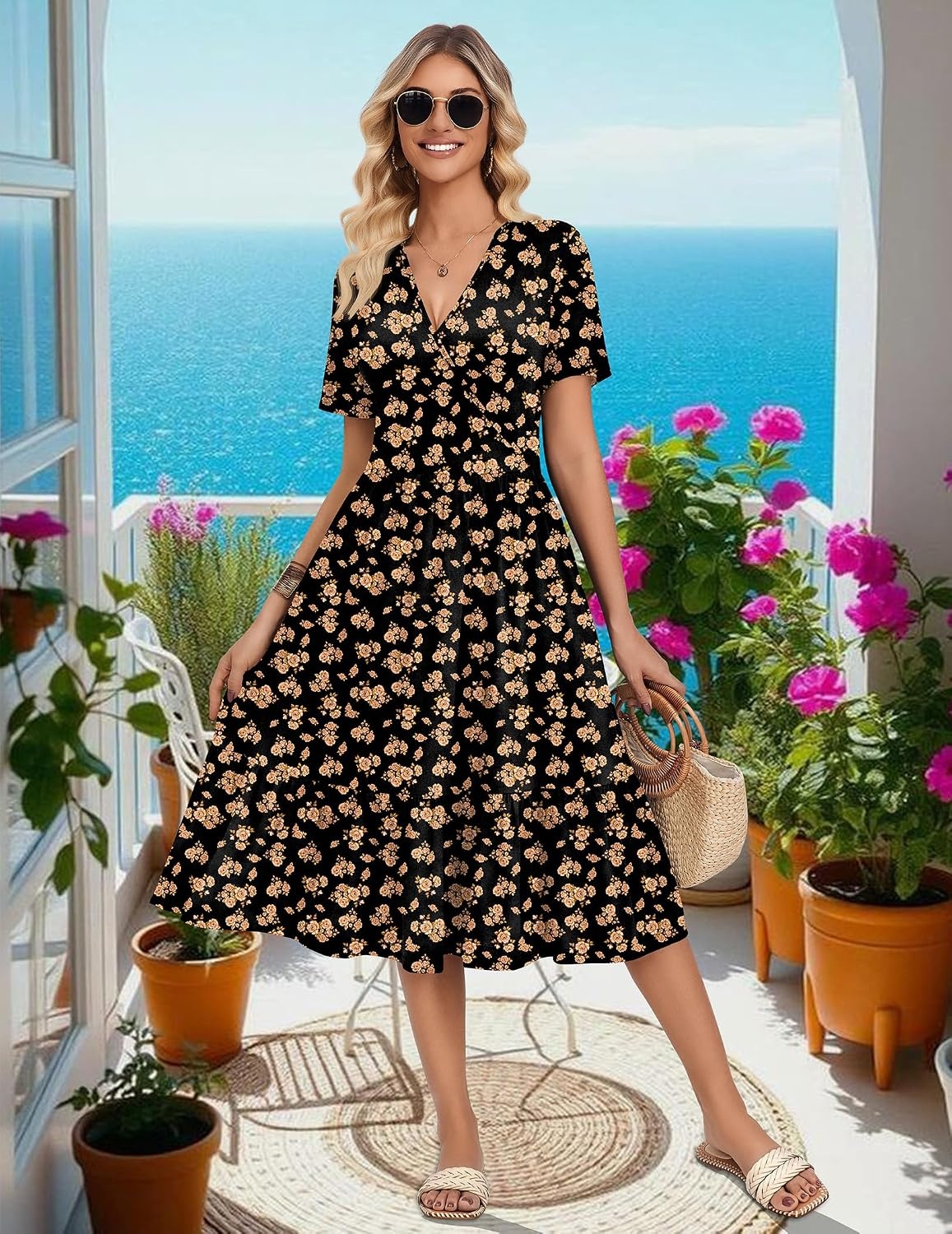 image:imageZeagoo Womens Summer Casual Dresses Short Sleeve Midi Warp VNeck Floral Dress with Pockets Tiered Flowy A Line SundressBlack Orange Floral