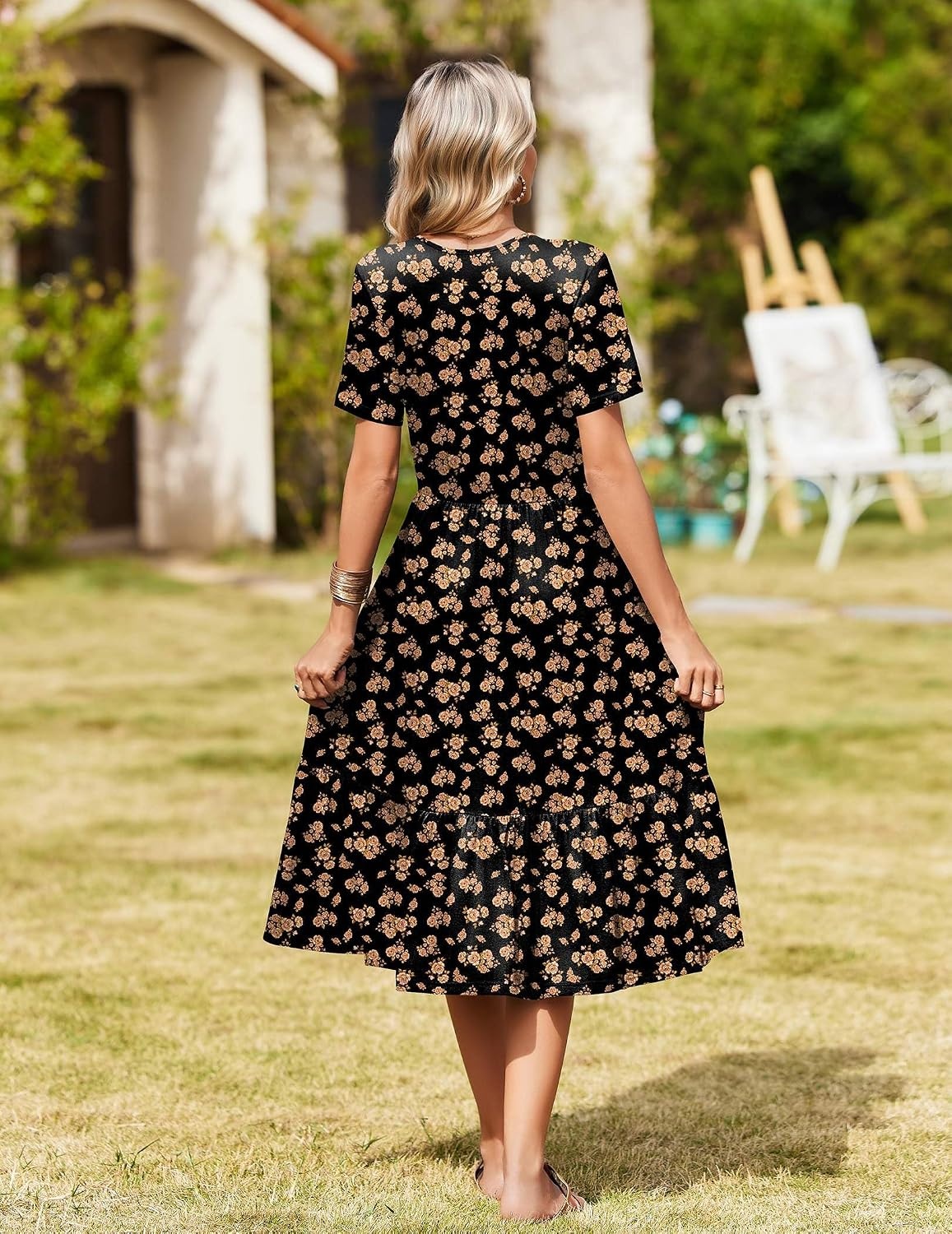 image:imageZeagoo Womens Summer Casual Dresses Short Sleeve Midi Warp VNeck Floral Dress with Pockets Tiered Flowy A Line SundressBlack Orange Floral