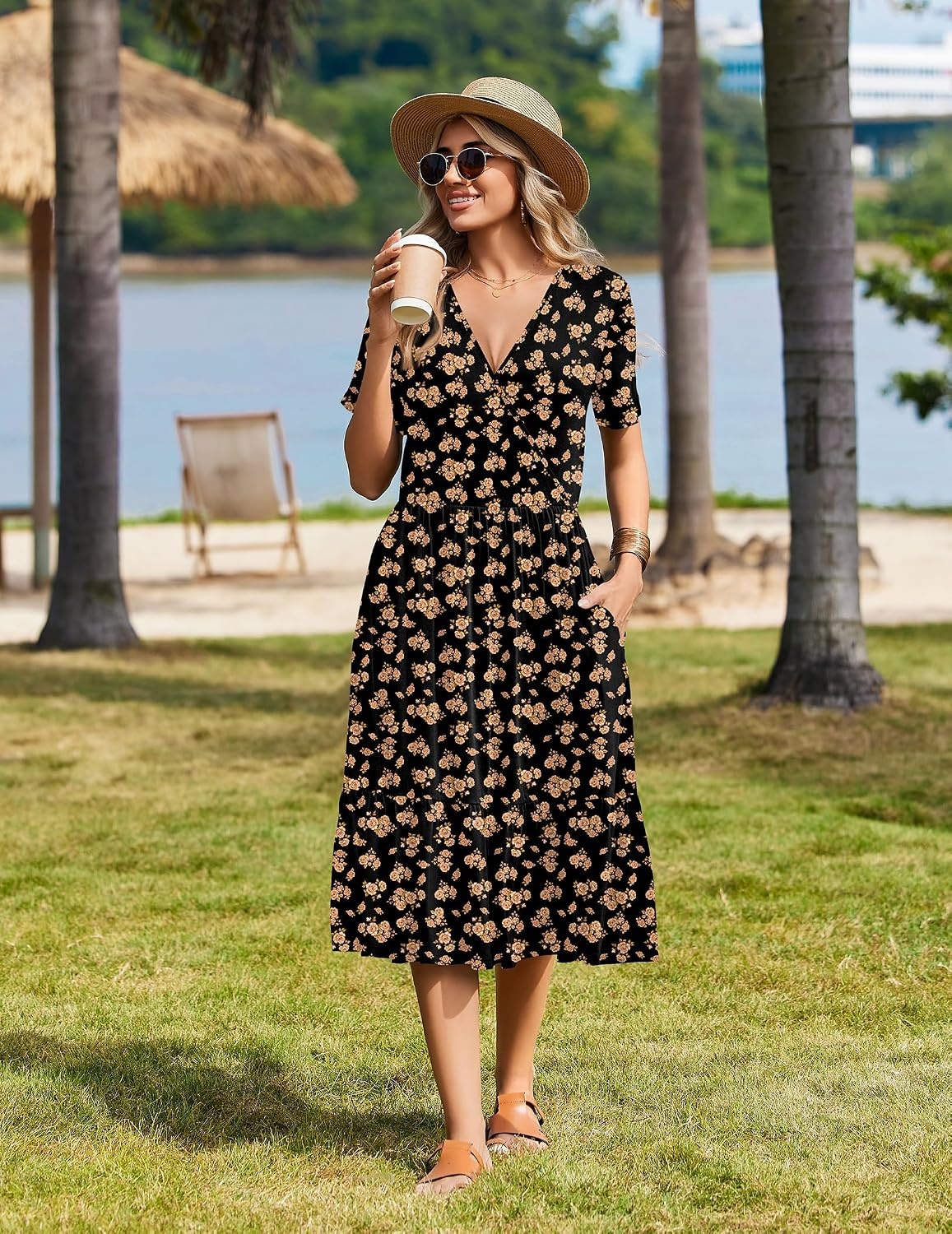 image:imageZeagoo Womens Summer Casual Dresses Short Sleeve Midi Warp VNeck Floral Dress with Pockets Tiered Flowy A Line SundressBlack Orange Floral