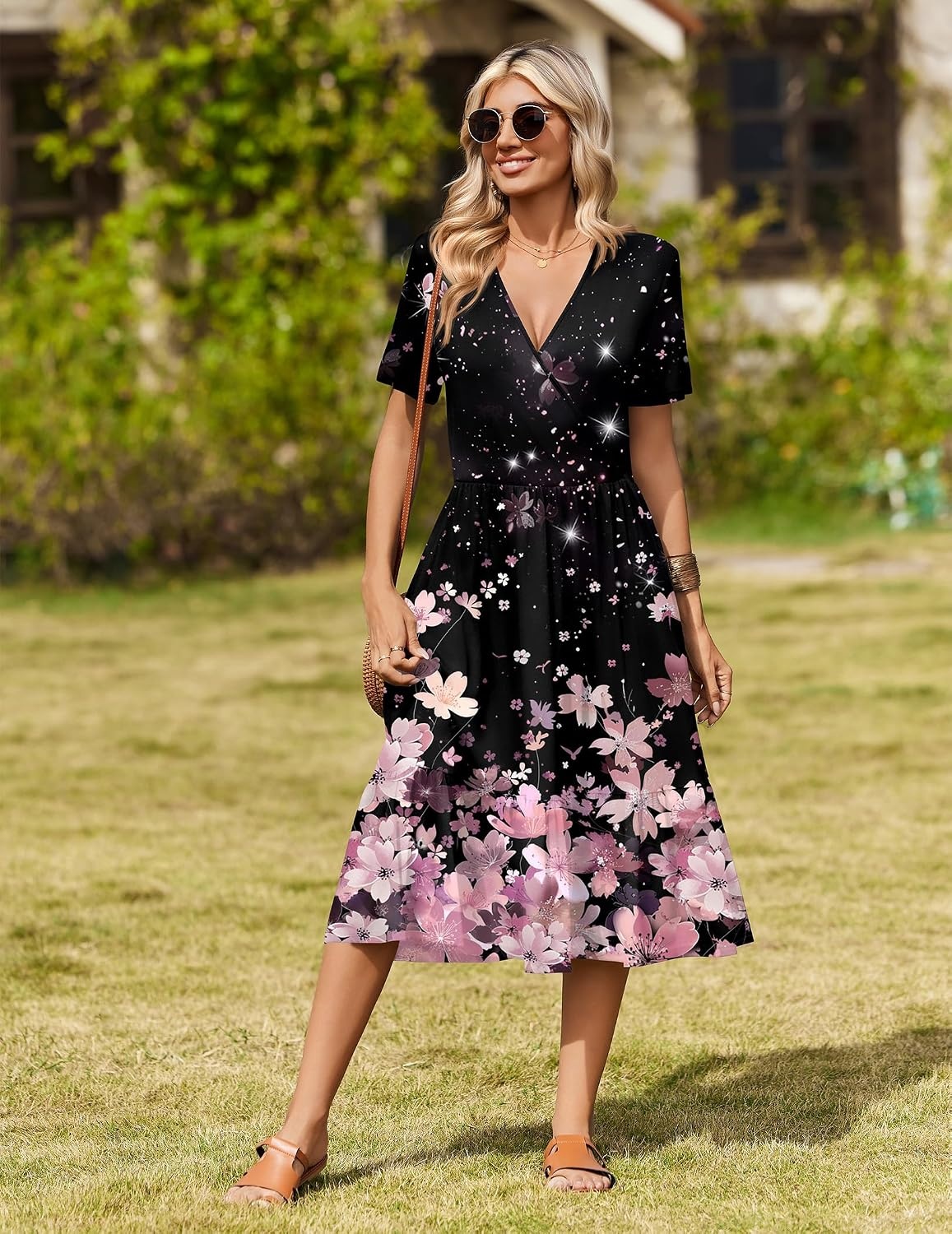 image:imageZeagoo Womens Summer Casual Dresses Short Sleeve Midi Warp VNeck Floral Dress with Pockets Tiered Flowy A Line SundressBlack Pink Floral