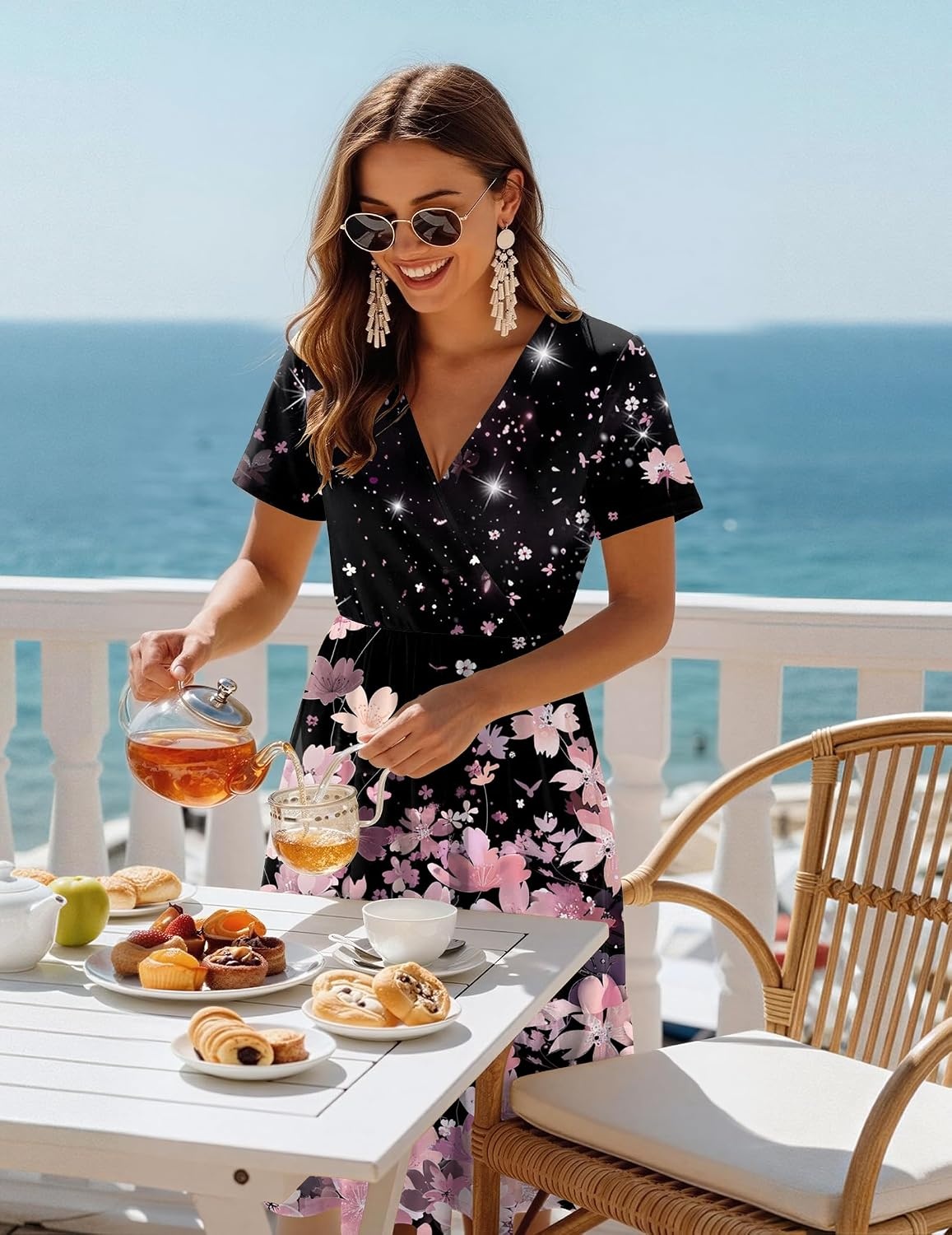 image:imageZeagoo Womens Summer Casual Dresses Short Sleeve Midi Warp VNeck Floral Dress with Pockets Tiered Flowy A Line SundressBlack Pink Floral