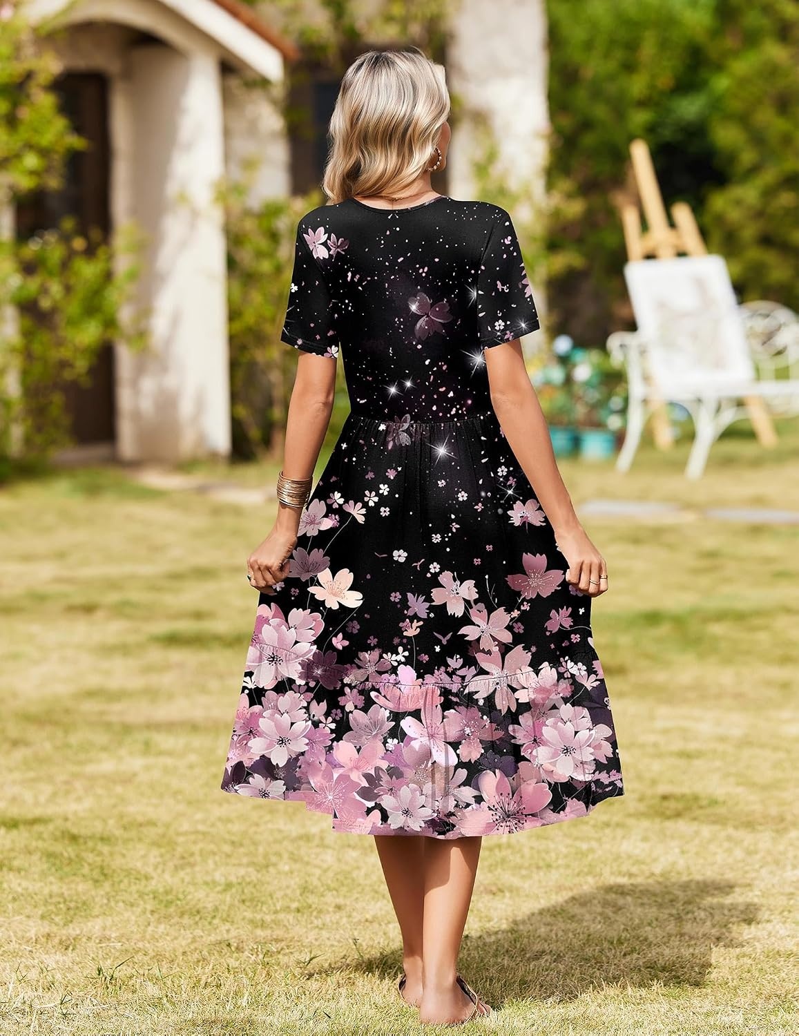 image:imageZeagoo Womens Summer Casual Dresses Short Sleeve Midi Warp VNeck Floral Dress with Pockets Tiered Flowy A Line SundressBlack Pink Floral