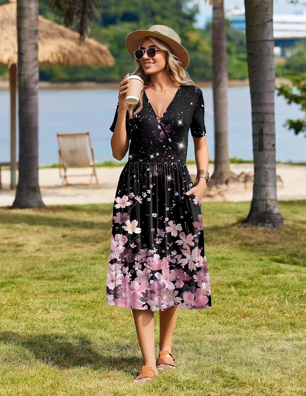 image:imageZeagoo Womens Summer Casual Dresses Short Sleeve Midi Warp VNeck Floral Dress with Pockets Tiered Flowy A Line SundressBlack Pink Floral