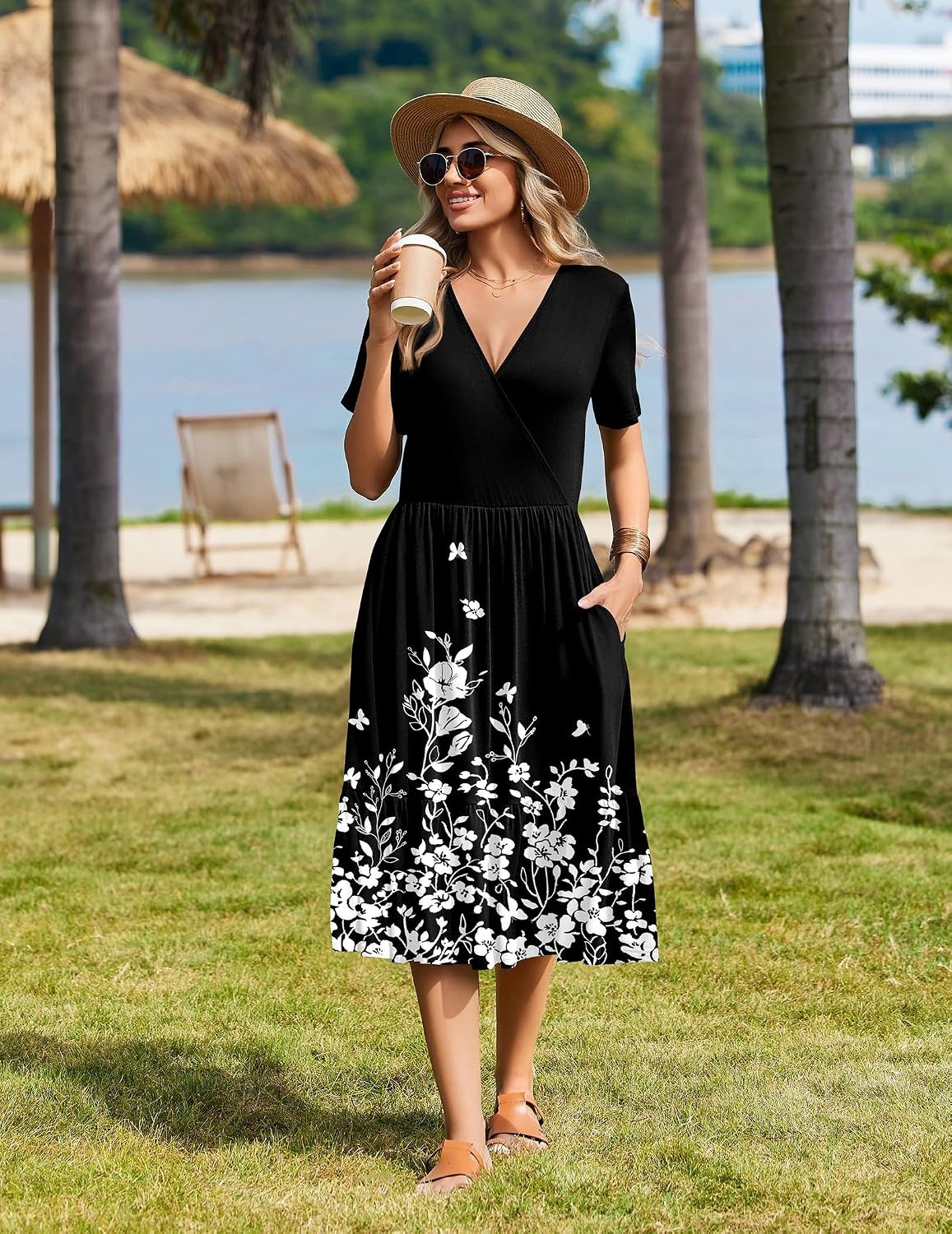 image:imageZeagoo Womens Summer Casual Dresses Short Sleeve Midi Warp VNeck Floral Dress with Pockets Tiered Flowy A Line SundressBlack White Floral