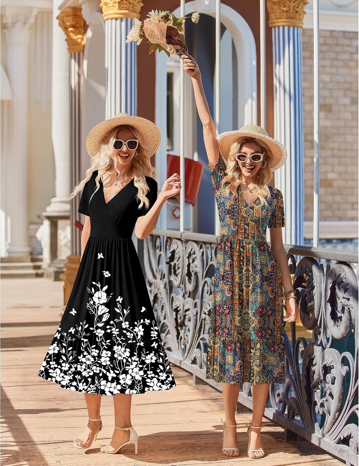 image:imageZeagoo Womens Summer Casual Dresses Short Sleeve Midi Warp VNeck Floral Dress with Pockets Tiered Flowy A Line SundressBlack White Floral