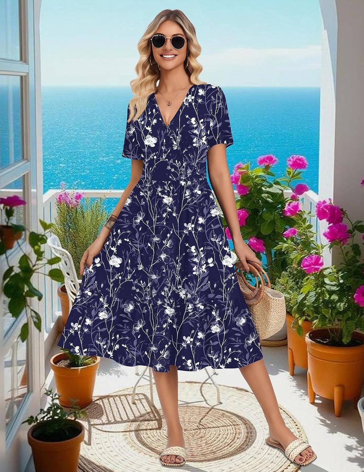 image:imageZeagoo Womens Summer Casual Dresses Short Sleeve Midi Warp VNeck Floral Dress with Pockets Tiered Flowy A Line SundressBlue Floral