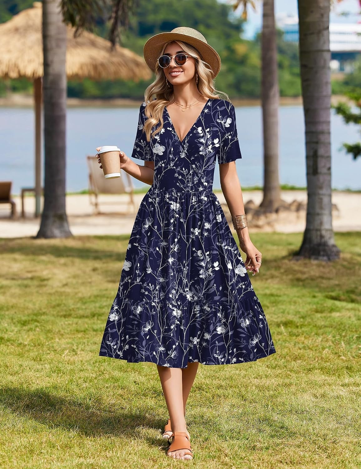 image:imageZeagoo Womens Summer Casual Dresses Short Sleeve Midi Warp VNeck Floral Dress with Pockets Tiered Flowy A Line SundressBlue Floral
