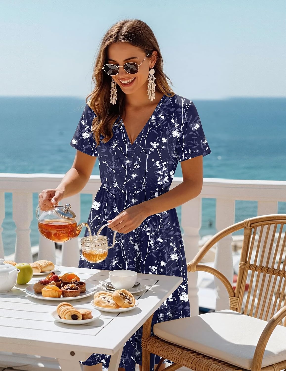 image:imageZeagoo Womens Summer Casual Dresses Short Sleeve Midi Warp VNeck Floral Dress with Pockets Tiered Flowy A Line SundressBlue Floral