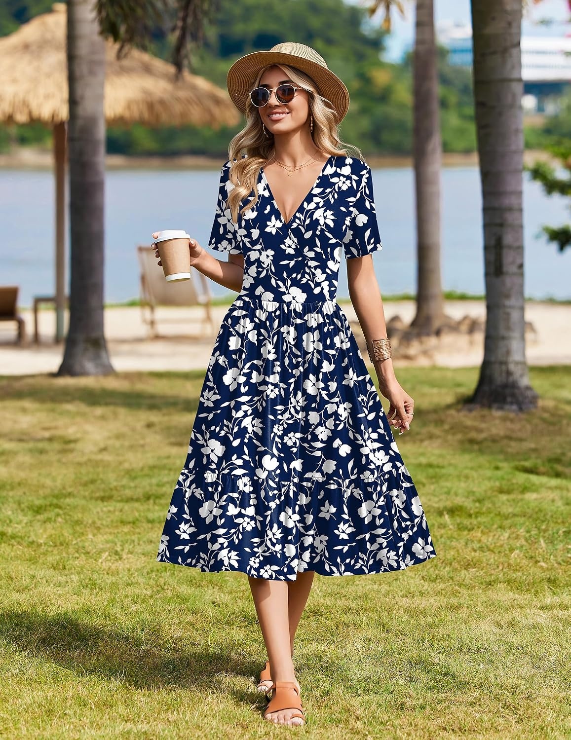 image:imageZeagoo Womens Summer Casual Dresses Short Sleeve Midi Warp VNeck Floral Dress with Pockets Tiered Flowy A Line SundressBlue White Floral
