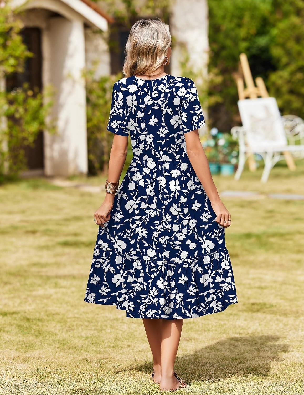 image:imageZeagoo Womens Summer Casual Dresses Short Sleeve Midi Warp VNeck Floral Dress with Pockets Tiered Flowy A Line SundressBlue White Floral