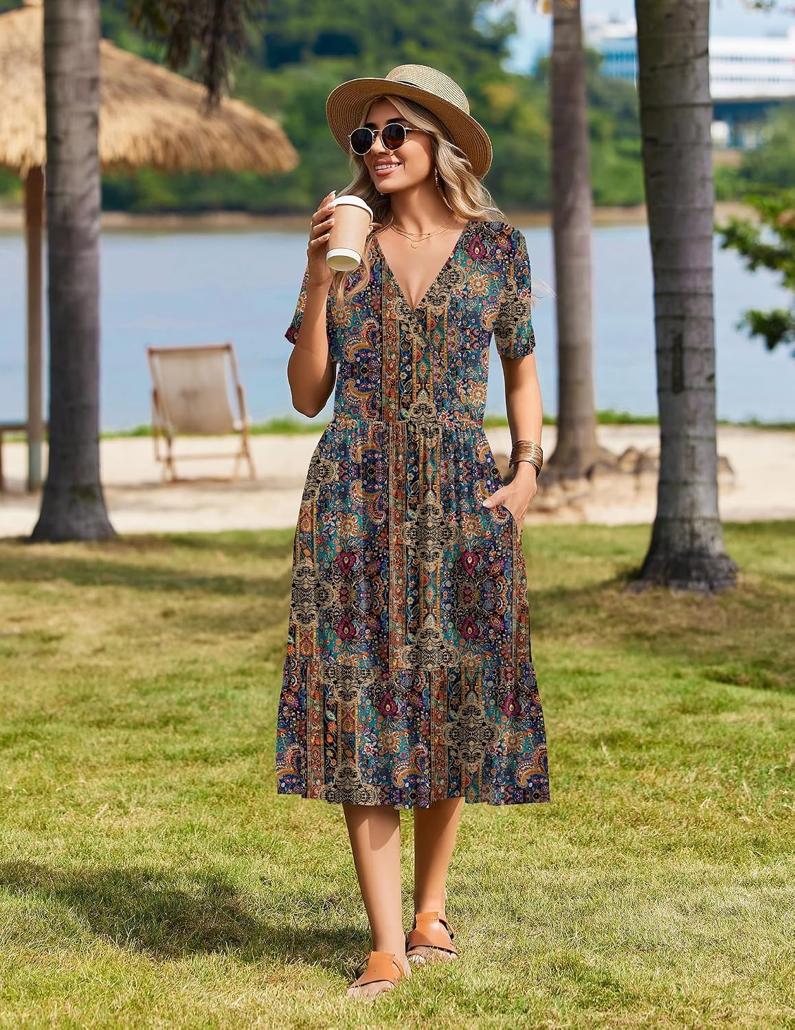 image:imageZeagoo Womens Summer Casual Dresses Short Sleeve Midi Warp VNeck Floral Dress with Pockets Tiered Flowy A Line SundressBohemian Orange