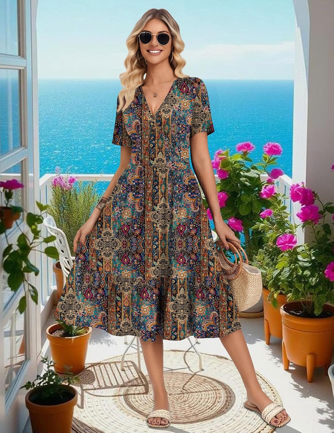 image:imageZeagoo Womens Summer Casual Dresses Short Sleeve Midi Warp VNeck Floral Dress with Pockets Tiered Flowy A Line SundressBohemian Orange
