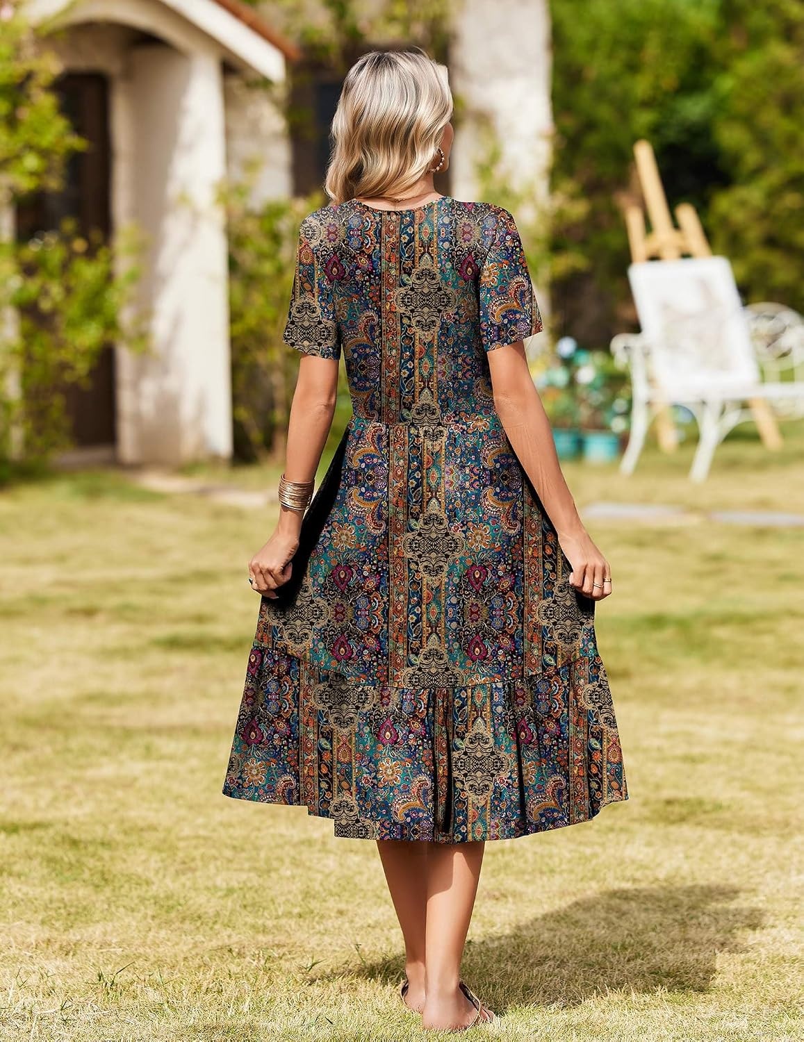 image:imageZeagoo Womens Summer Casual Dresses Short Sleeve Midi Warp VNeck Floral Dress with Pockets Tiered Flowy A Line SundressBohemian Orange