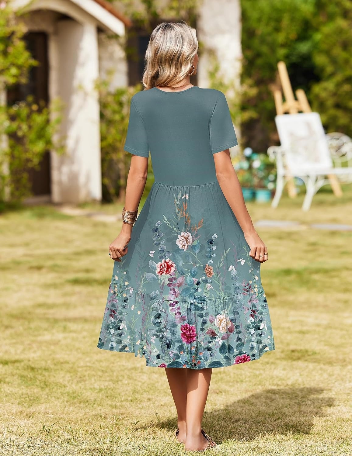 image:imageZeagoo Womens Summer Casual Dresses Short Sleeve Midi Warp VNeck Floral Dress with Pockets Tiered Flowy A Line SundressGreen Floral