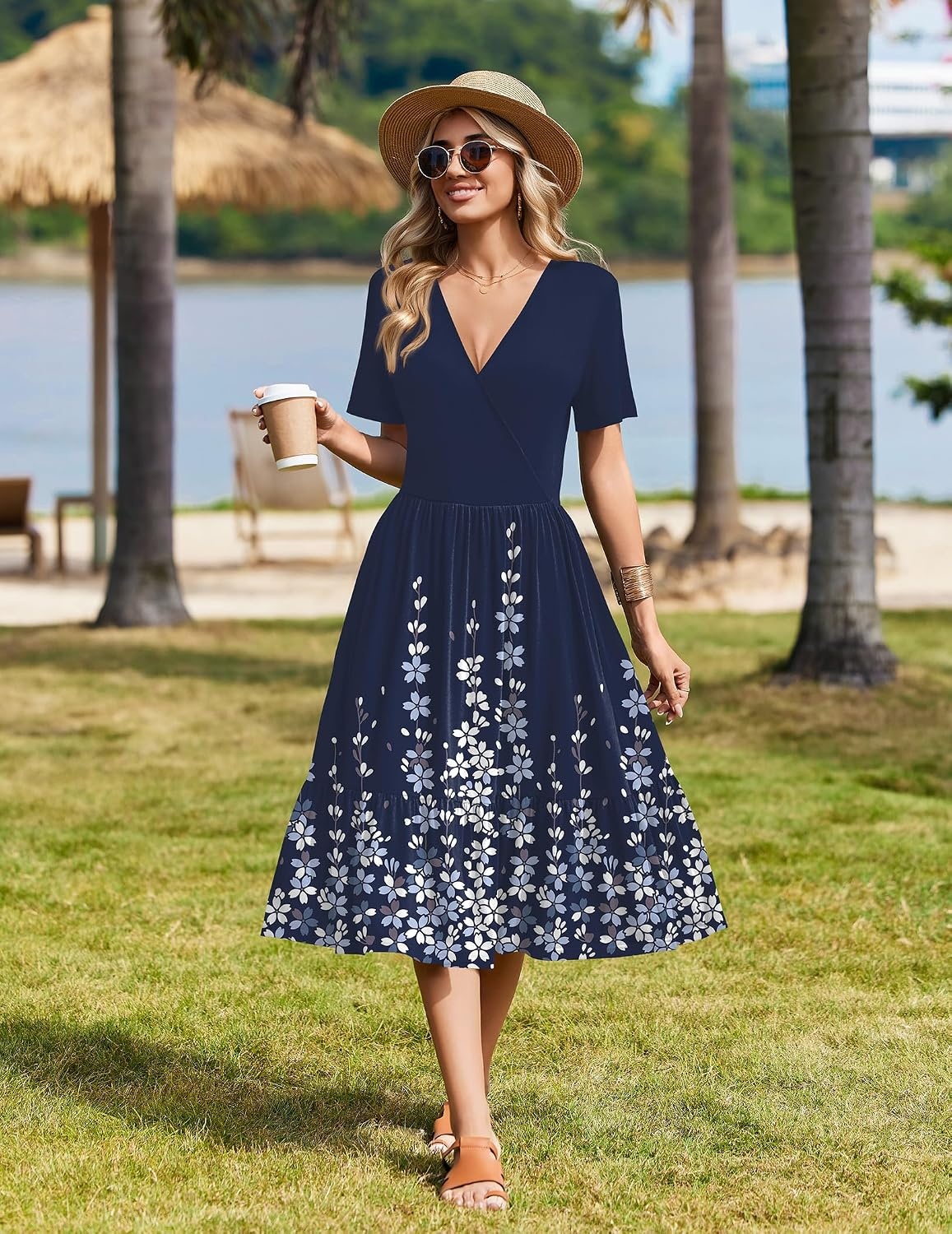 image:imageZeagoo Womens Summer Casual Dresses Short Sleeve Midi Warp VNeck Floral Dress with Pockets Tiered Flowy A Line SundressNavy Blue Floral