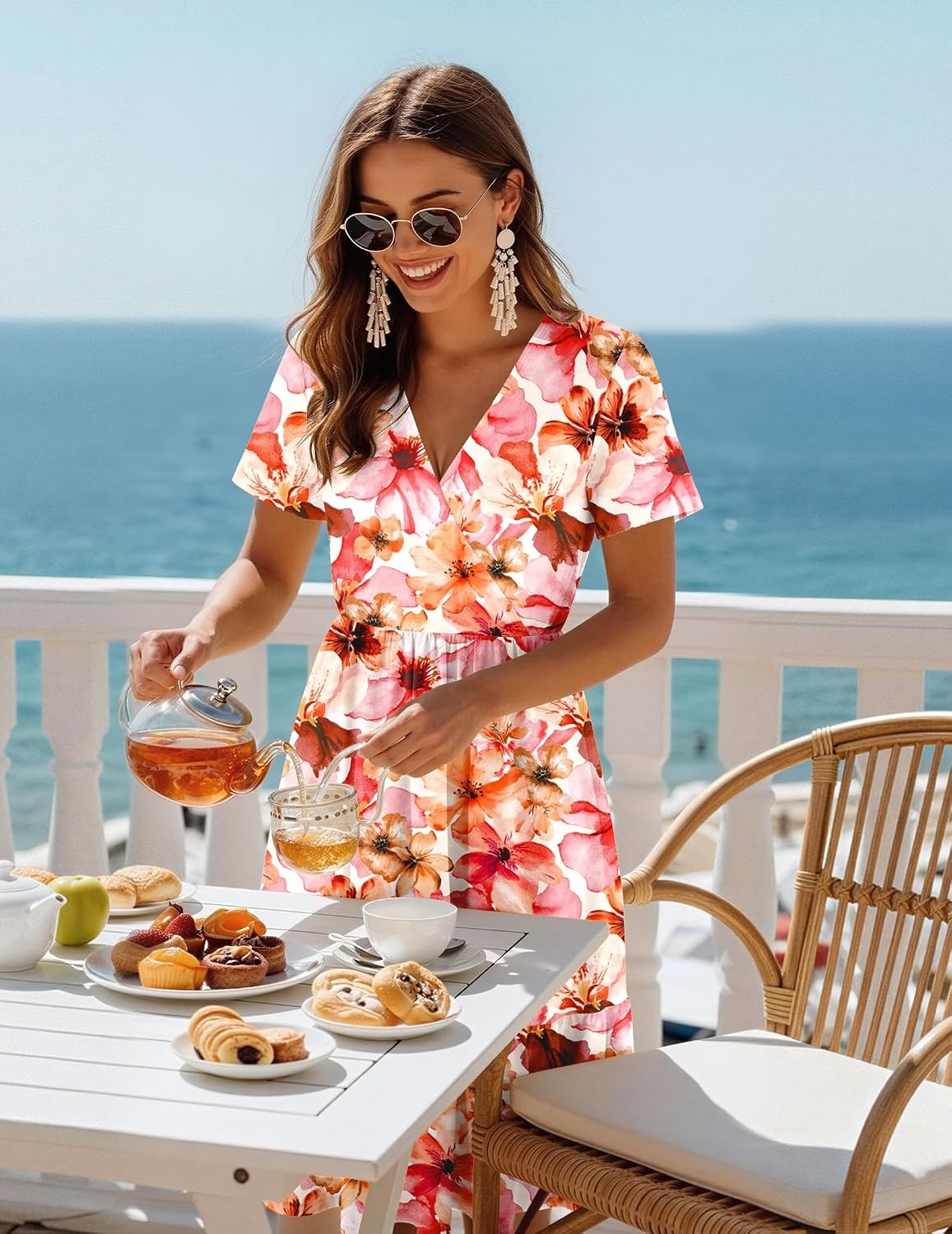 image:imageZeagoo Womens Summer Casual Dresses Short Sleeve Midi Warp VNeck Floral Dress with Pockets Tiered Flowy A Line SundressPink Floral