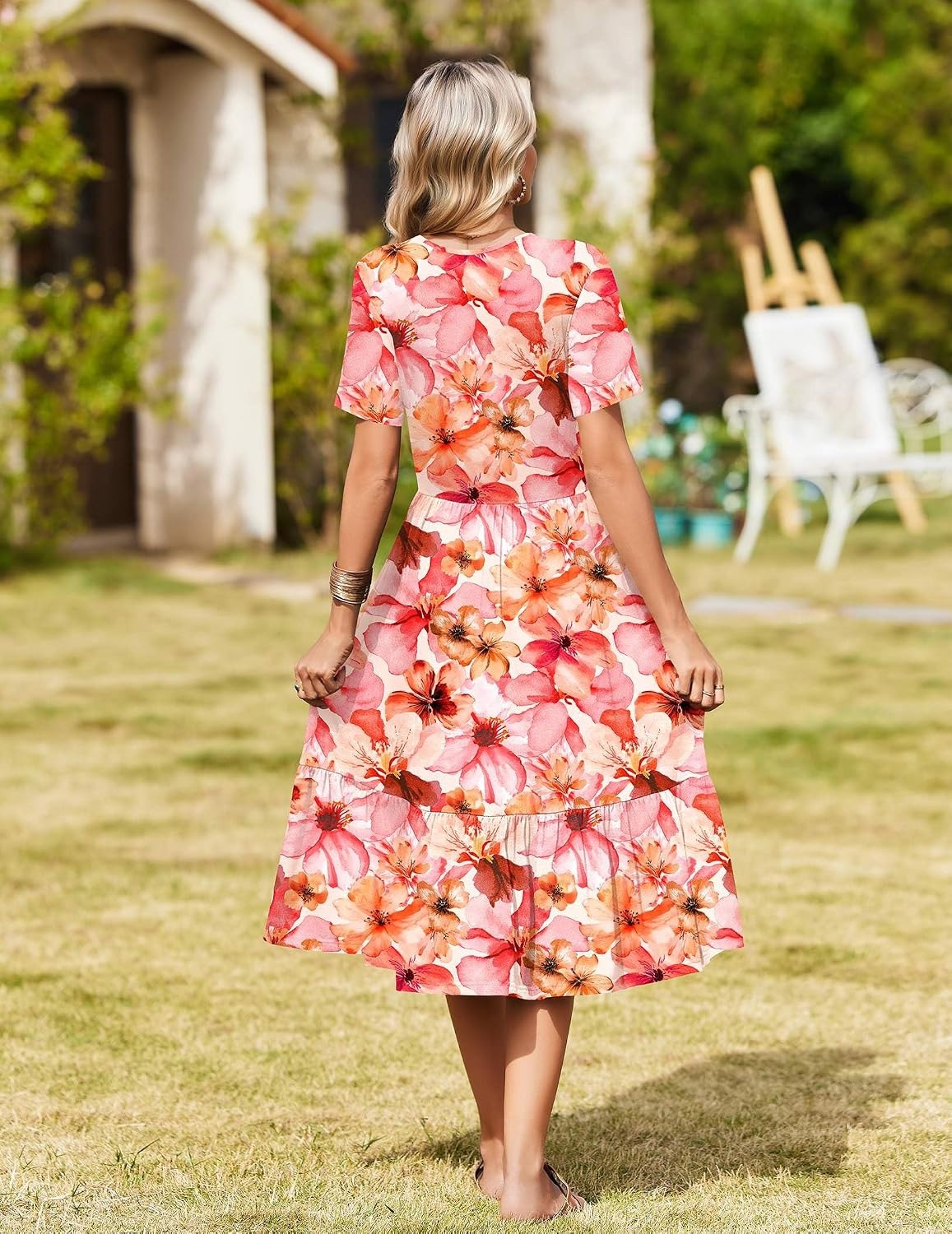 image:imageZeagoo Womens Summer Casual Dresses Short Sleeve Midi Warp VNeck Floral Dress with Pockets Tiered Flowy A Line SundressPink Floral