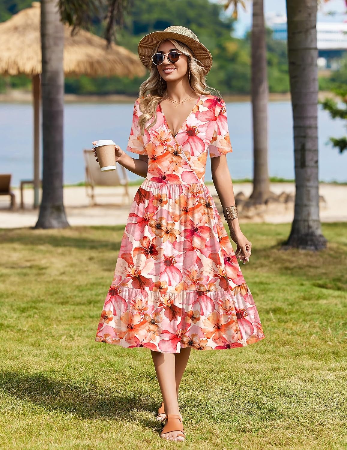 image:imageZeagoo Womens Summer Casual Dresses Short Sleeve Midi Warp VNeck Floral Dress with Pockets Tiered Flowy A Line SundressPink Floral