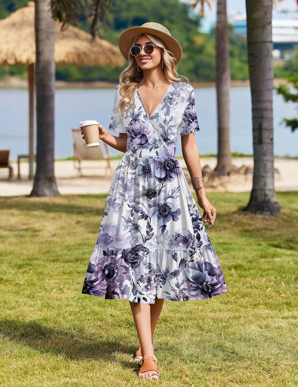 image:imageZeagoo Womens Summer Casual Dresses Short Sleeve Midi Warp VNeck Floral Dress with Pockets Tiered Flowy A Line SundressPurple Floral