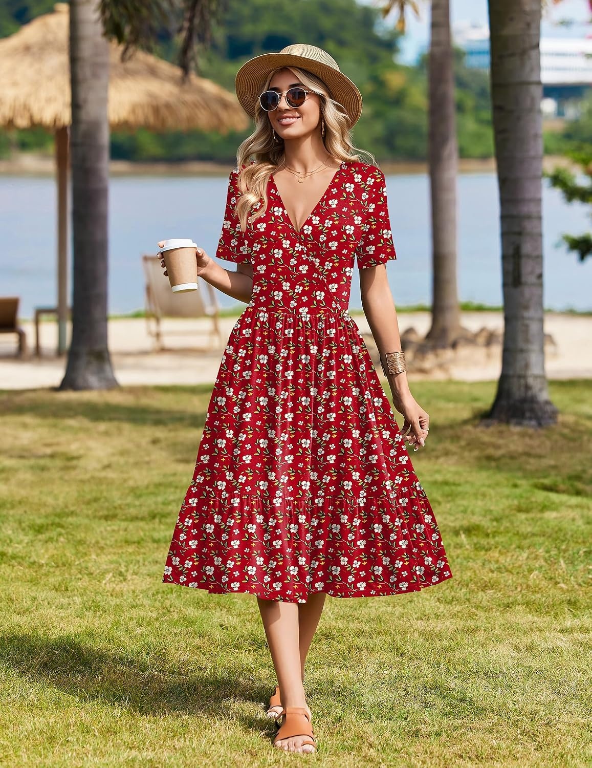 image:imageZeagoo Womens Summer Casual Dresses Short Sleeve Midi Warp VNeck Floral Dress with Pockets Tiered Flowy A Line SundressRed Floral