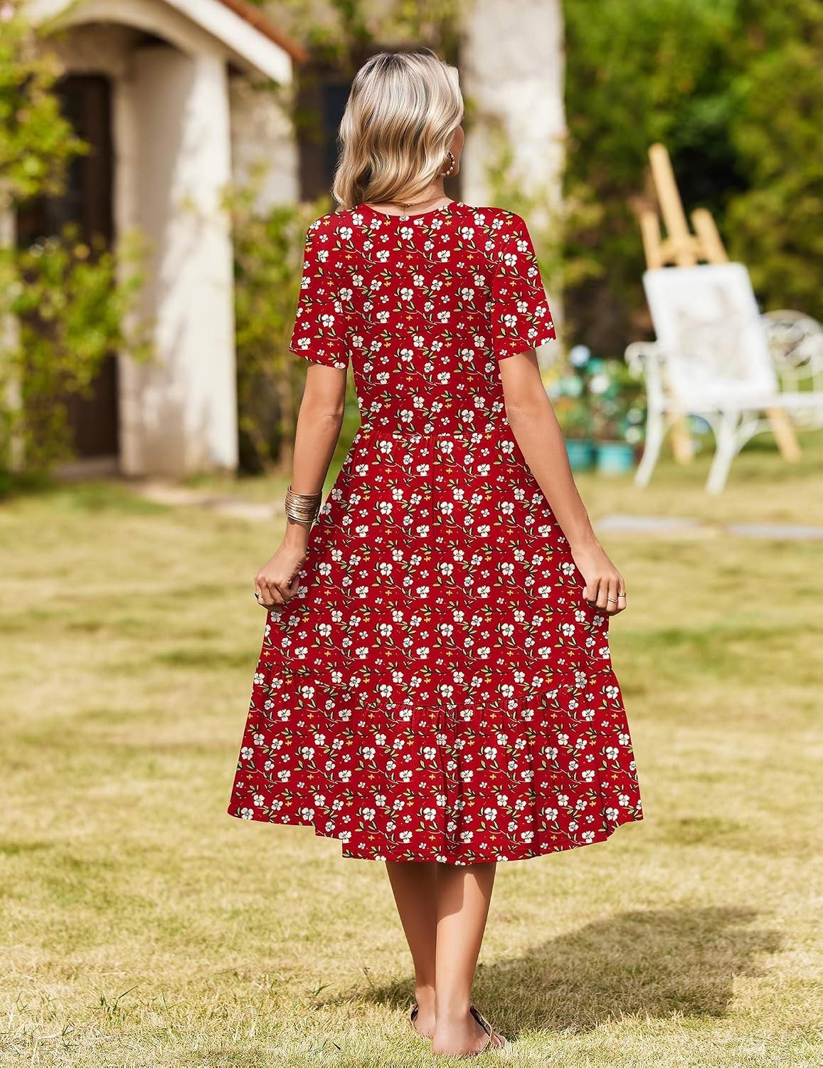 image:imageZeagoo Womens Summer Casual Dresses Short Sleeve Midi Warp VNeck Floral Dress with Pockets Tiered Flowy A Line SundressRed Floral