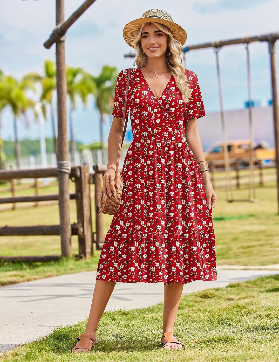 image:imageZeagoo Womens Summer Casual Dresses Short Sleeve Midi Warp VNeck Floral Dress with Pockets Tiered Flowy A Line SundressRed Floral