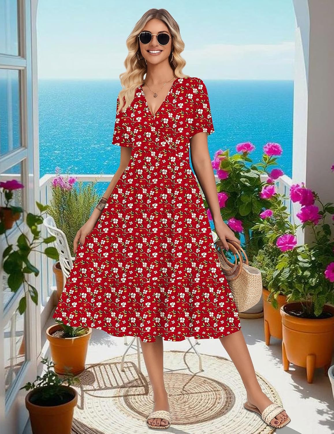 image:imageZeagoo Womens Summer Casual Dresses Short Sleeve Midi Warp VNeck Floral Dress with Pockets Tiered Flowy A Line SundressRed Floral