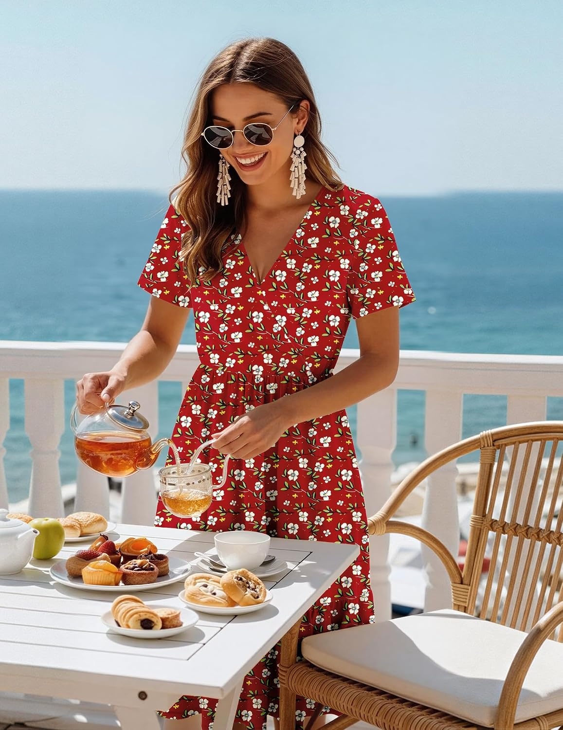 image:imageZeagoo Womens Summer Casual Dresses Short Sleeve Midi Warp VNeck Floral Dress with Pockets Tiered Flowy A Line SundressRed Floral