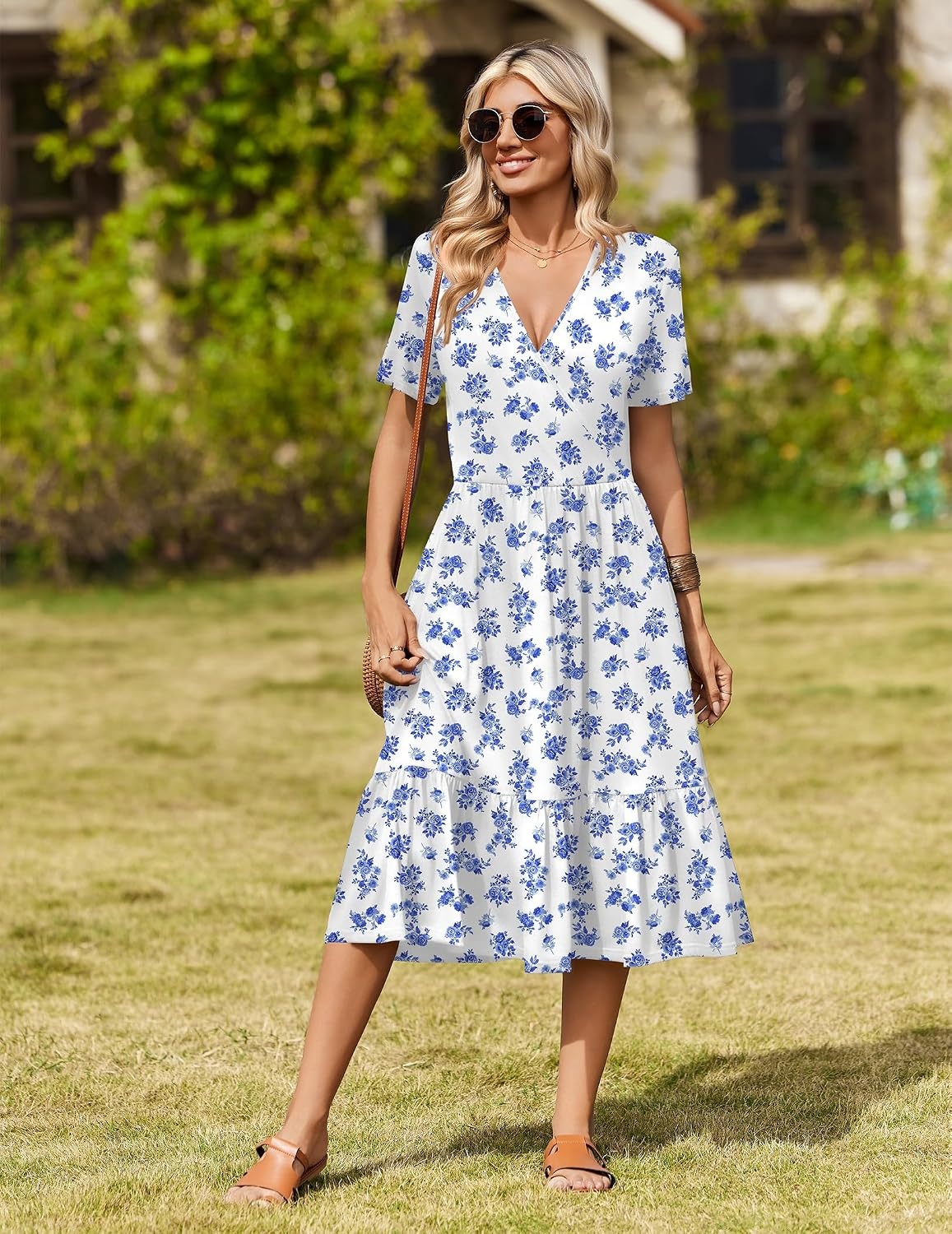 image:imageZeagoo Womens Summer Casual Dresses Short Sleeve Midi Warp VNeck Floral Dress with Pockets Tiered Flowy A Line SundressWhite Blue Floral
