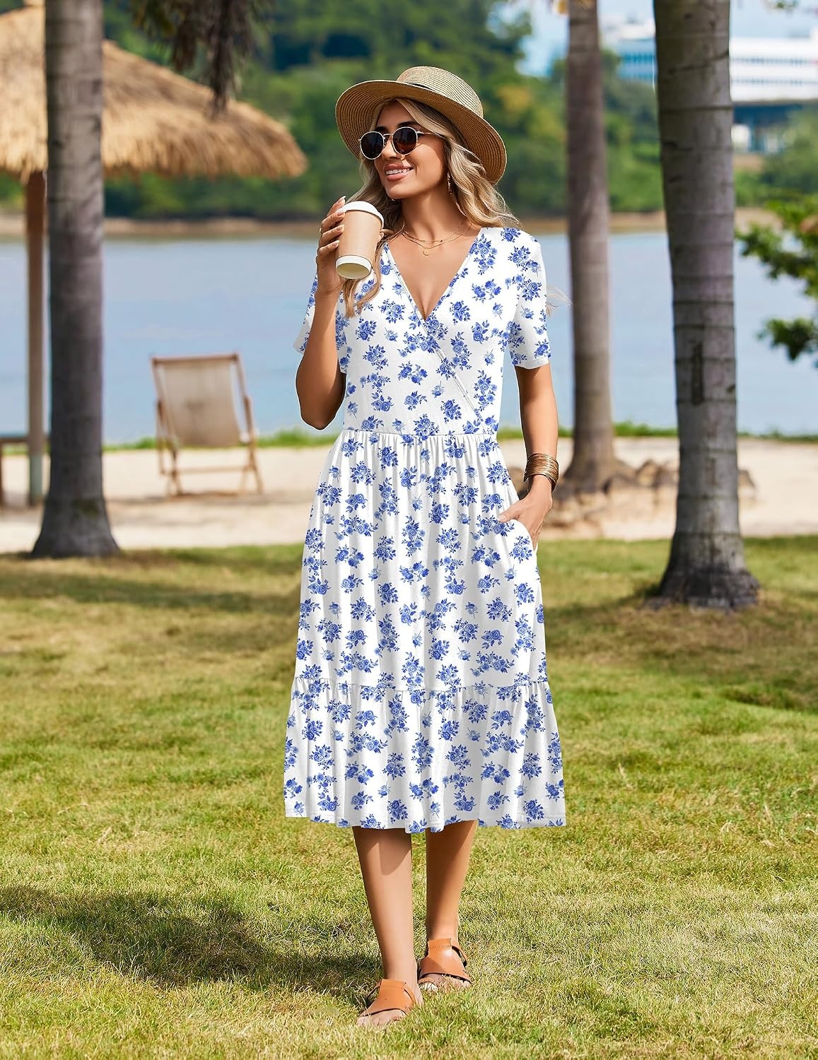 image:imageZeagoo Womens Summer Casual Dresses Short Sleeve Midi Warp VNeck Floral Dress with Pockets Tiered Flowy A Line SundressWhite Blue Floral