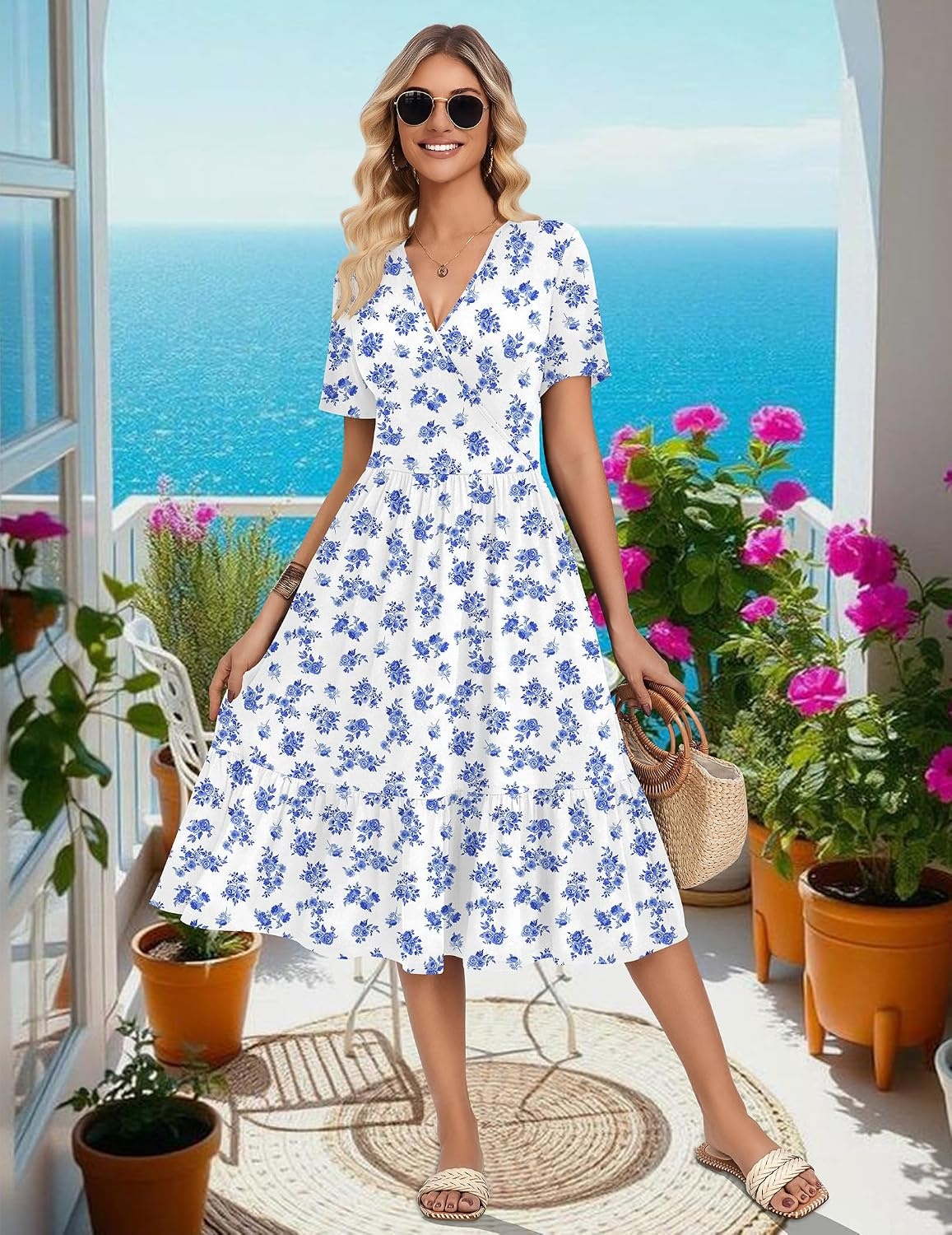 image:imageZeagoo Womens Summer Casual Dresses Short Sleeve Midi Warp VNeck Floral Dress with Pockets Tiered Flowy A Line SundressWhite Blue Floral