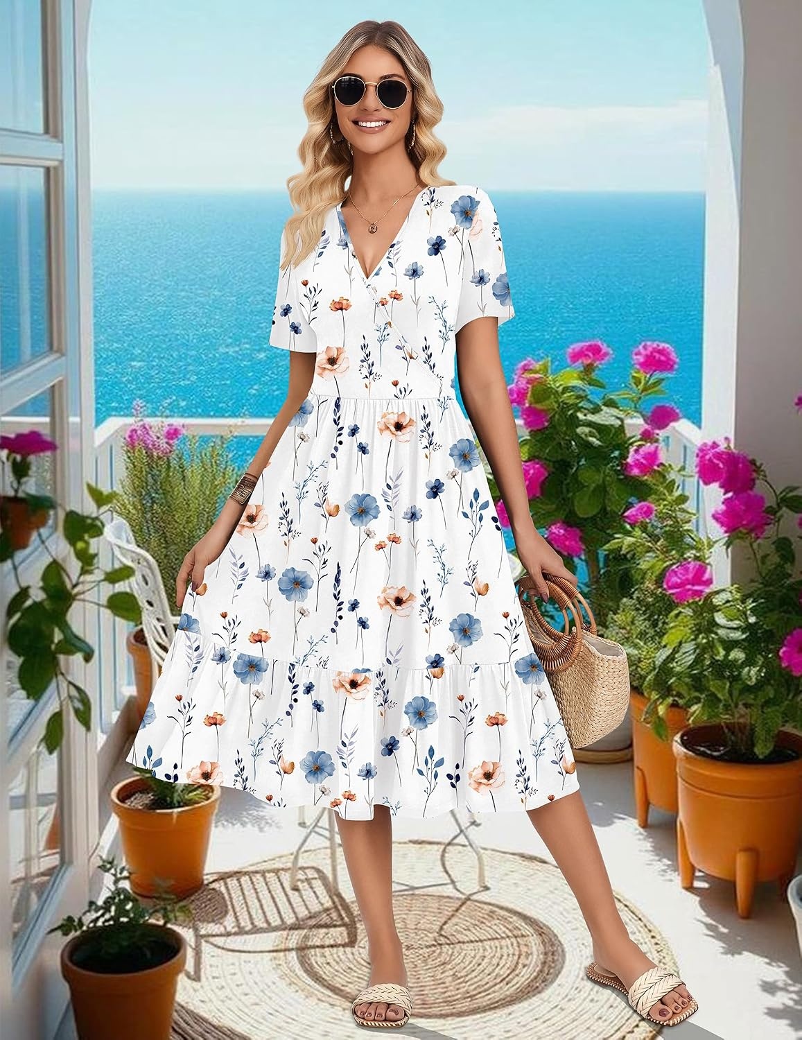 image:imageZeagoo Womens Summer Casual Dresses Short Sleeve Midi Warp VNeck Floral Dress with Pockets Tiered Flowy A Line SundressWhite Floral
