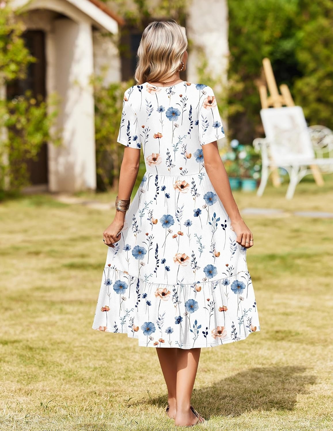 image:imageZeagoo Womens Summer Casual Dresses Short Sleeve Midi Warp VNeck Floral Dress with Pockets Tiered Flowy A Line SundressWhite Floral
