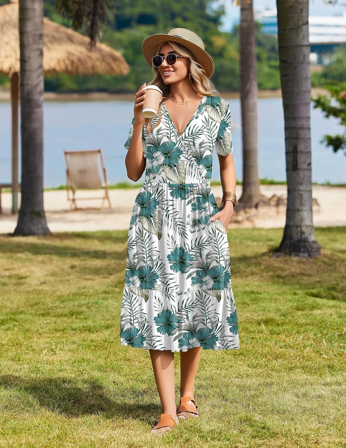 image:imageZeagoo Womens Summer Casual Dresses Short Sleeve Midi Warp VNeck Floral Dress with Pockets Tiered Flowy A Line SundressWhite Green Leaf