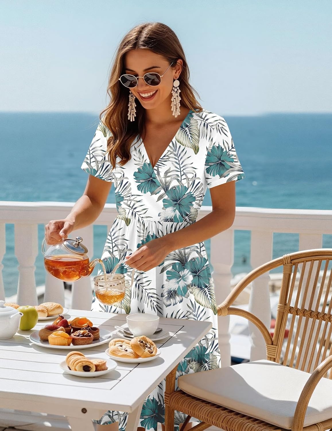 image:imageZeagoo Womens Summer Casual Dresses Short Sleeve Midi Warp VNeck Floral Dress with Pockets Tiered Flowy A Line SundressWhite Green Leaf