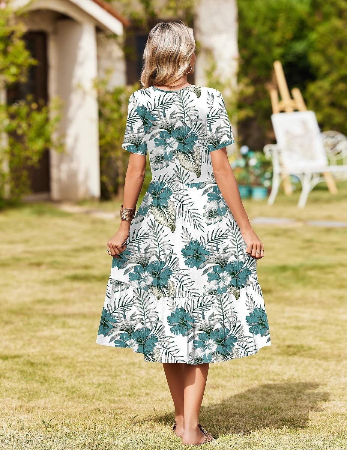 image:imageZeagoo Womens Summer Casual Dresses Short Sleeve Midi Warp VNeck Floral Dress with Pockets Tiered Flowy A Line SundressWhite Green Leaf