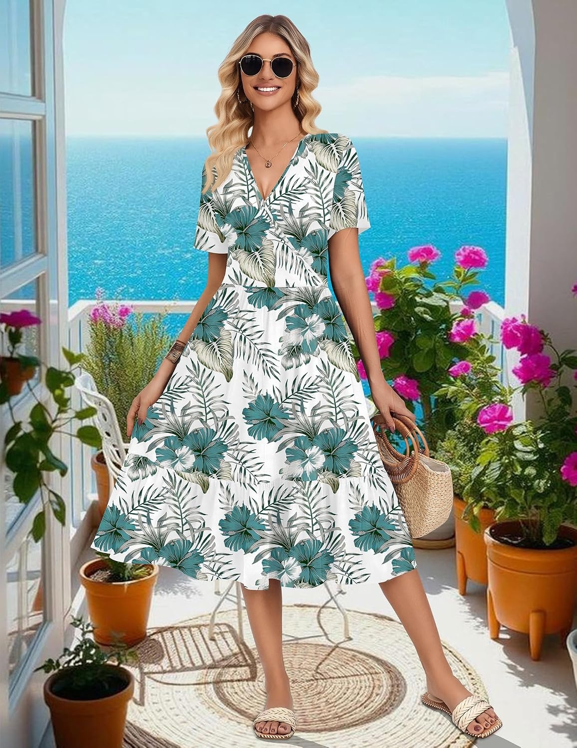 image:imageZeagoo Womens Summer Casual Dresses Short Sleeve Midi Warp VNeck Floral Dress with Pockets Tiered Flowy A Line SundressWhite Green Leaf