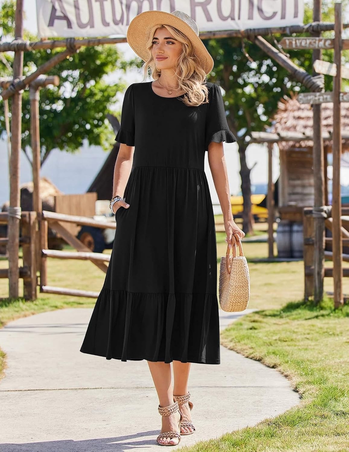 image:imageZeagoo Womens Summer Dresses 2026 Casual Midi Dress Flowy Sundress Ruffle Short Sleeve Tiered Dresses A Line Boho DressAblack
