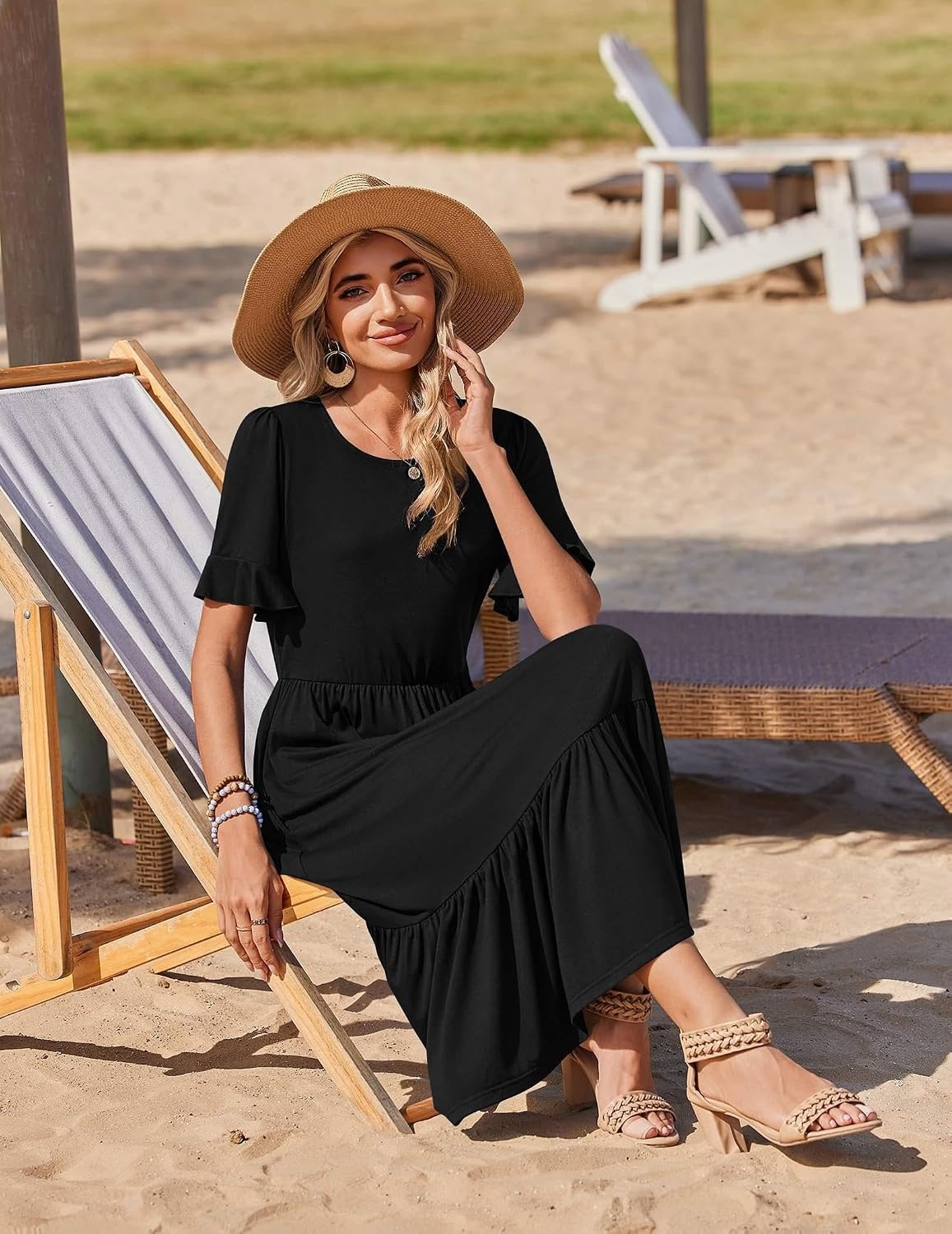 image:imageZeagoo Womens Summer Dresses 2026 Casual Midi Dress Flowy Sundress Ruffle Short Sleeve Tiered Dresses A Line Boho DressAblack
