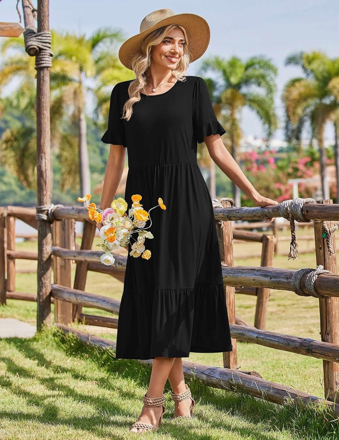 image:imageZeagoo Womens Summer Dresses 2026 Casual Midi Dress Flowy Sundress Ruffle Short Sleeve Tiered Dresses A Line Boho DressAblack