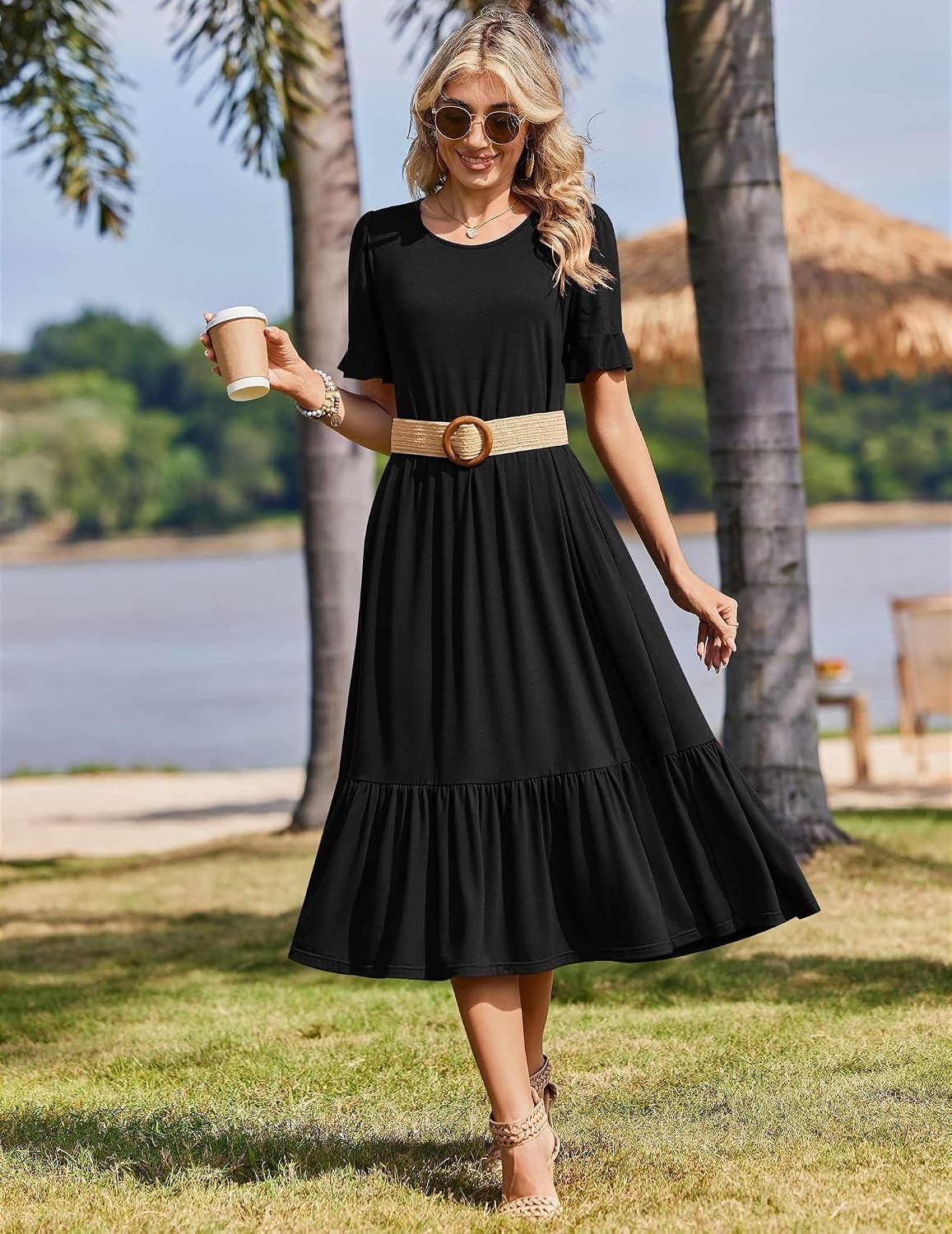image:imageZeagoo Womens Summer Dresses 2026 Casual Midi Dress Flowy Sundress Ruffle Short Sleeve Tiered Dresses A Line Boho DressAblack